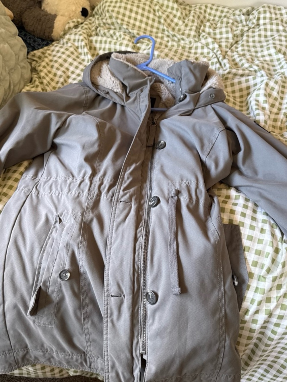 Hollister Taupe Hooded Winter Jacket With Faux Shearling Trim